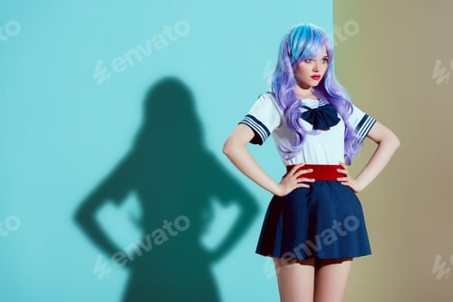 Preview: attractive stylish girl in bright wig and skirt standing with hands on waist and looking away in