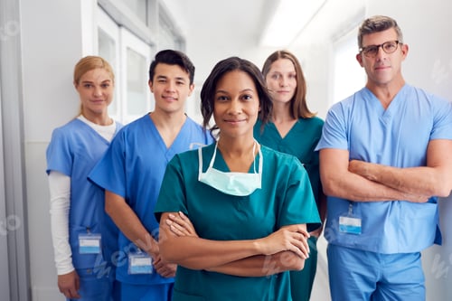 Preview: Portrait Of Multi-Cultural Medical Team Standing In Hospital Corridor