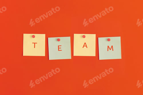 Preview: Mock up sticky notes with TEAM on red background. Business concept, strategy, planning