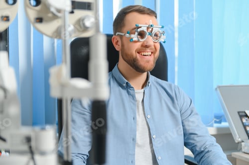 Preview: Male patient under eye vision examination in eyesight ophthalmological correction clinic