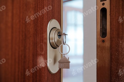 Preview: door home with keys and keyring with house shape.Home and lifestyle. Real state concept