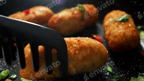 Preview: The cooking process. Stock footage. Frying meat cutlets with vegetables in hot pans.