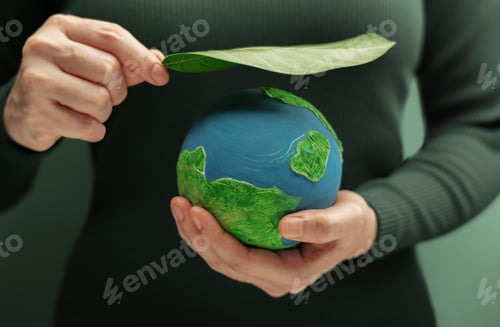 Preview: Hands holding globe with green leaf symbolizing environmental protection, sustainability
