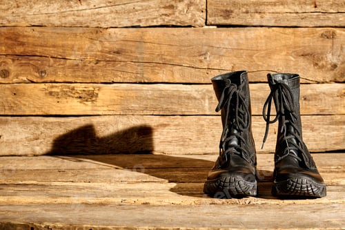 Preview: Black combat army boots on wood