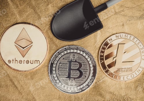 Preview: Silver bitcoins ,litecoin,ethereum crypto coin with black shovel mining on golden rough ground