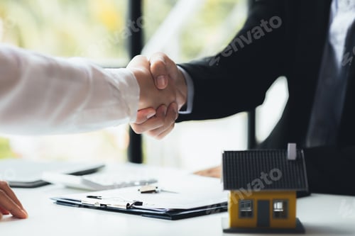 Preview: The salesperson of the housing estate in the project and the customer shake hands.