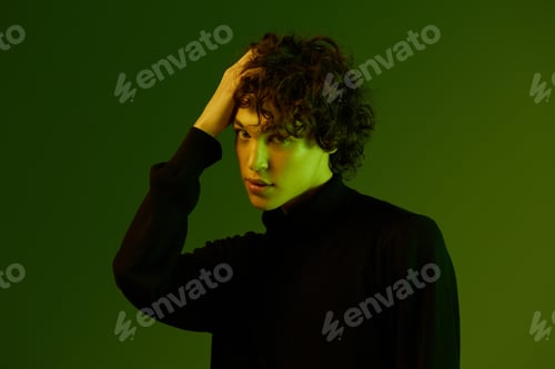 Preview: Man wearing glasses fashion and style model with curly hair, stylish hairstyle, hipster teen