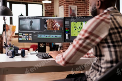 Preview: Content creator editing video montage on software