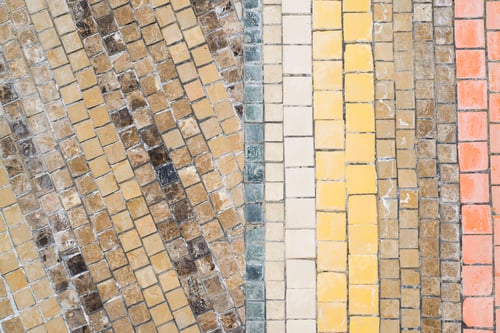 Preview: Mosaic geometric striped pattern, shabby small ceramic multicolored decorative tiles.
