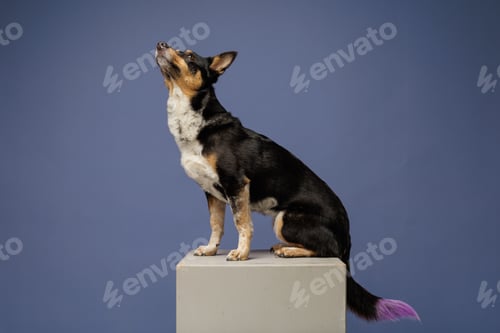 Preview: Dog sitting on pedestal looking upward with dyed tail tip in studio