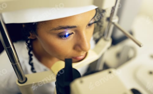 Preview: Woman, face and eye exam with vision and laser machine, health and vision with top, optometry and w