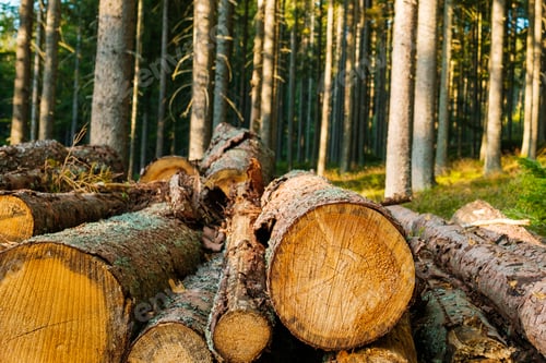 Preview: Freshly cut trees in the forest. Rows of piled of logs