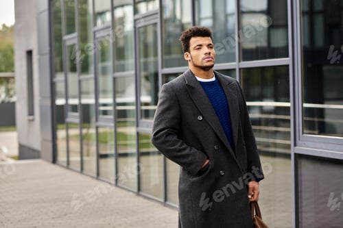 Preview: Handsome man in a stylish coat walks confidently near modern architecture on a sunny day