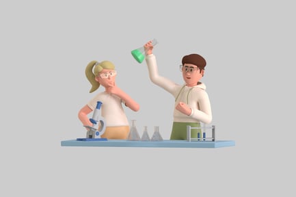 Visualização: Cientistas de desenhos animados com microscópio e copos