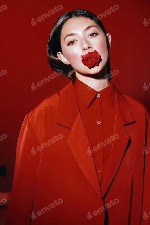 Preview: Captivating Beauty: A Young Lady with a Red Lipstick and Dark Hair, Posing in Glamorous Vintage
