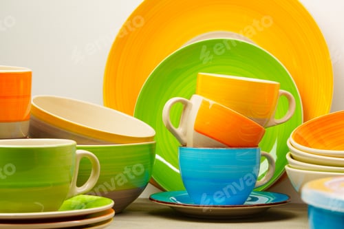 Preview: Set of colored ceramic dishware front view
