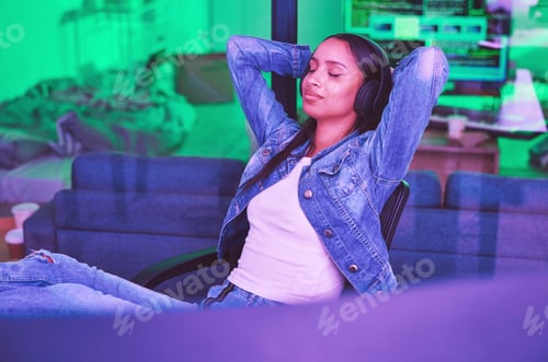 Preview: Woman, headphones or relax in neon house after technology coding, software development or cybersecu