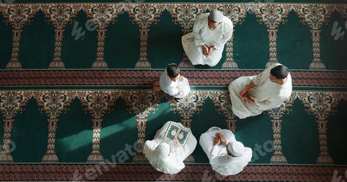Preview: Islamic prayer, worship and men in mosque with child, mindfulness and gratitude in faith from above