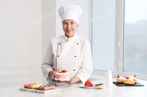 Preview: Professional pastry chef with desserts at table in kitchen