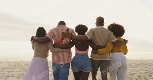 Preview: Travel, hug and back of friends on beach for tropical, summer or island vacation together. Bonding,