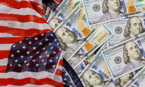 Preview: American flag and banknotes 100 USA dollar bill in the USA financial sector