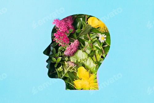 Preview: Papercut head with green leaves and flowers. Mental health, emotional wellness, contented emotions