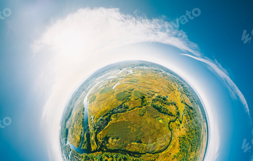 Preview: Aerial View Green Forest Woods And River Landscape In Sunny Summer Day. Top View Of Beautiful