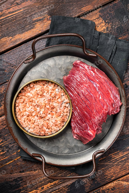 Preview: Raw Game meat of Venison dear, meat steak. Wooden background. Top view
