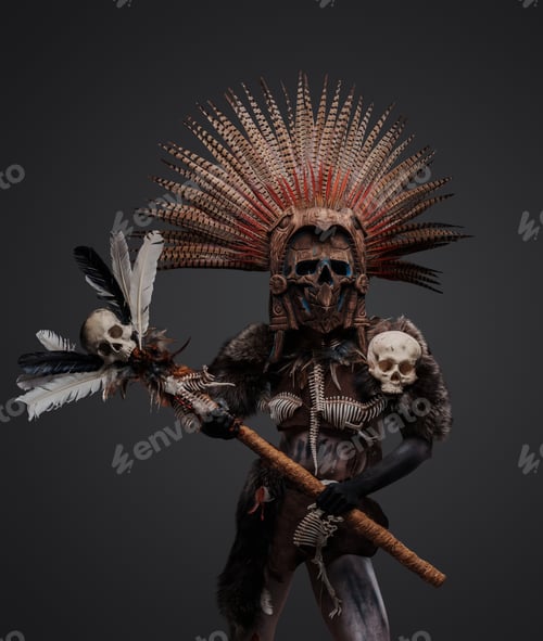 Preview: Aztec necromancer with painted face and body holding staff
