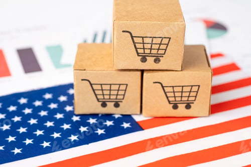 Preview: Box with shopping cart logo and USA United State America flag.