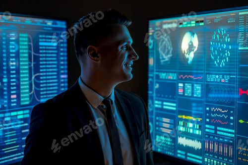 Preview: The smiling scientist working with large blue monitors in the dark lab
