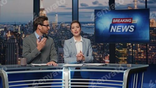 Preview: Emotional news readers discussing live tv newscast in night media studio closeup