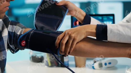 Preview: Indian specialist using blood pressure monitor to take the pulse and pressure