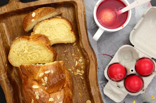 Preview: Easter sweet brioche, red eggs and liquid dye