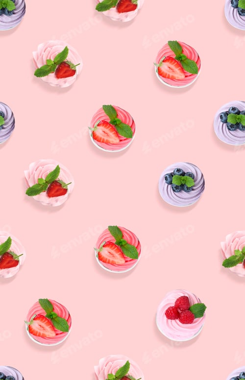 Preview: Pattern of cupcakes with berries on pink background, top view