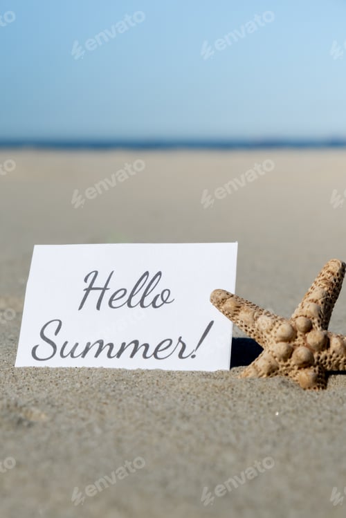 Preview: HELLO SUMMER text on paper greeting card on background of starfish seashell summer vacation decor