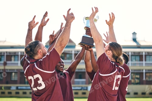 Preview: Rugby, team and winner with trophy, champion and men at stadium with success, celebration and achie