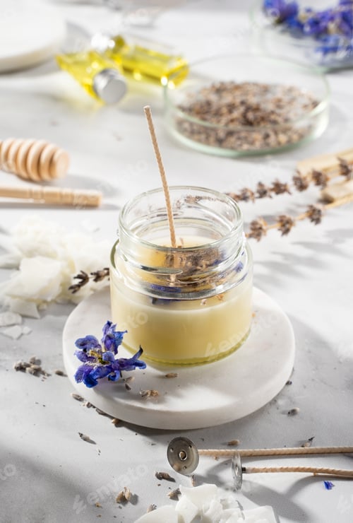 Preview: Set tools for homemade natural eco-friendly soy wax candles, wick, perfume, essential oil on a marbl