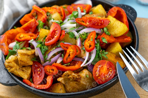 Preview: Pork ojakhuri with vegetables. Meat, potatoes, onions, herbs, peppers cooked and served in a skillet