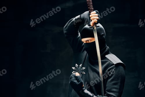Preview: Ninja samurai warrior fighter with a sword and shuriken over black background