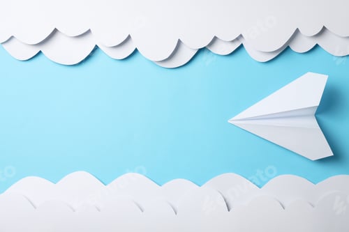 Preview: Paper clouds and plane on blue background. Travel