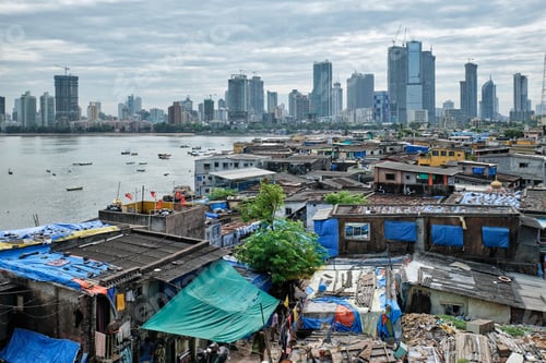 Preview: View of Mumbai skyline over slums in Bandra suburb