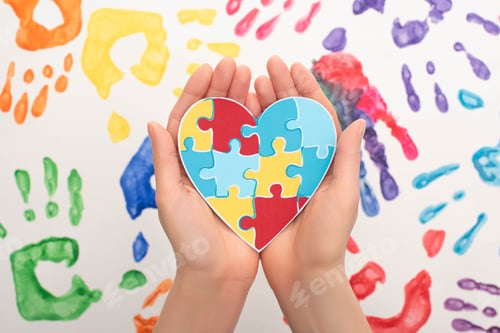 Preview: cropped view of woman holding heart with puzzle on white with hand prints for World Autism Awareness