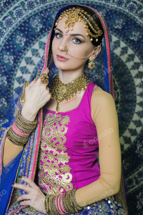 Preview: Woman In Indian Clothes Dancing Belly Dance. Young Beautiful Woman In National Costume Dancing