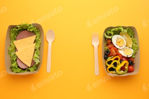 Preview: Healthy Diet Meals in Containers on Yellow Background Flat Lay