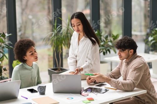 Preview: Diverse Colleagues Working Pointing At Laptop Computer In Modern Office