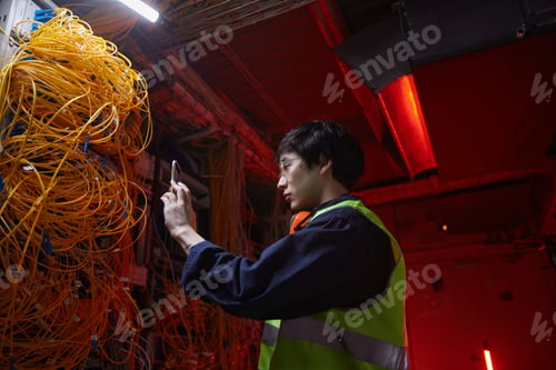 Preview: Technician Inspecting Cables in Server Cabinet