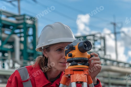 Preview: Woman engineer using theodolite outdoors