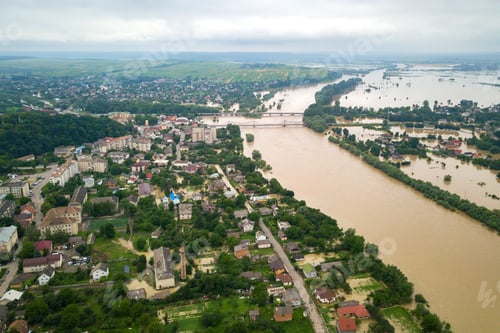 Preview: Aerial view of Dnister river with dirty water and flooded houses in Halych town, western Ukraine