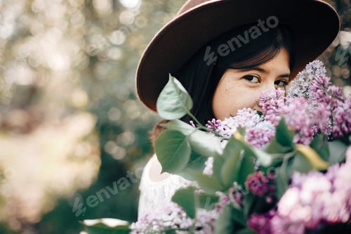 Preview: Calm portrait of beautiful hipster girl standing with purple lilac in spring garden